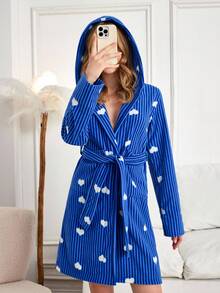 EURMUSE Women Striped Heart Pattern Plush Fabric With Hoodie And Pocket Detail Homewear Robe - Blue - View 5