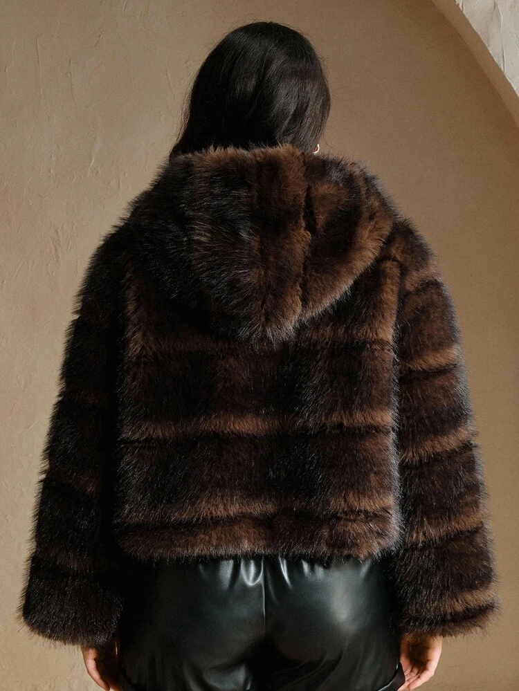 Plus Size Women's Faux Fur Hooded Jacket,Brown Winter Elegant Dinner Coat For Autumn,Fall,,Formal,Party,Chic,New Year,Christmas,Work,Wedding