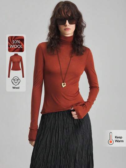 Ontre Maglietta aderente a collo alto di colore unito alla moda e versatile per donna