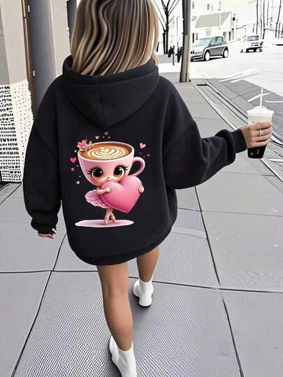 SHEIN Playful Pals 女童休闲可爱趣味卡布奇诺芭蕾舞者印花双面卫衣，黑色，适合日常、户外、运动和上学穿着，秋冬季款