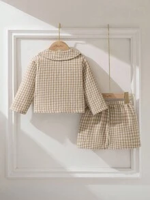 Souflis Souflis 2 pièces/Set Ensemble veste et short imprimé pied-de-poule beige style vintage français élégant, convient pour les fêtes, les sorties, les rassemblements et autres occasions. Nouvelle arrivée automne/hiver 2025 pour les filles et les tout-petits. Ensemble élégant de vêtements d'automne-hiver pour bébé fille. Ensemble 2 pièces à carreaux mignon style vintage pour les tout-petits filles, tenue scolaire d'automne - Beige - Voir 3