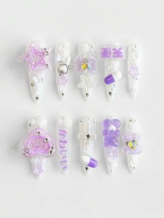 Anime 10pcs Cute Bowknot Music Note Star Element High Quality Handmade False Nails + 3pcs Double-Sided Adhesive, Y2K French Style Rhinestone Chain Polka Dot Removable Nail Art Stickers, Suitable For Holidays, Parties, Dancing And Daily Wear