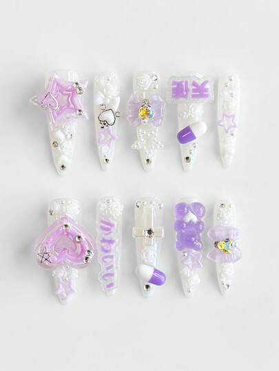 Anime 10pcs Cute Bowknot Music Note Star Element High Quality Handmade False Nails + 3pcs Double-Sided Adhesive, Y2K French Style Rhinestone Chain Polka Dot Removable Nail Art Stickers, Suitable For Holidays, Parties, Dancing And Daily Wear