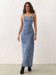 Selenza 女式双排扣长款休闲时尚牛仔连身裤 - 藍色 - 查看 4