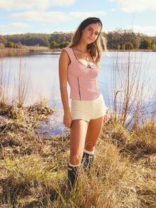 Aralina Winter / Summer Mesh Polka Dot Ruched Front Contrast Trims Cute Going Out Top - Baby Pink - View 6