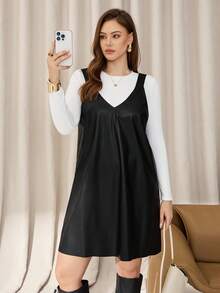 SHEIN Essnce Plus Size Black PU Dress, Women's Fall Halloween Costume, Elegant Summer Black And White Fashion Casual Business Suspender Curve Dress - Black - View 1