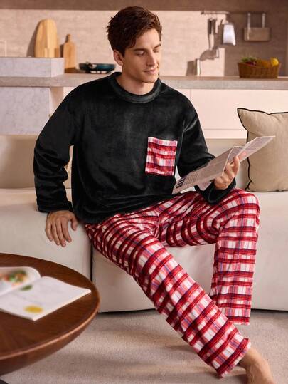 男士格子口袋长袖上衣和裤子睡衣套装，秋冬服装，圣诞节，蓬松舒适
