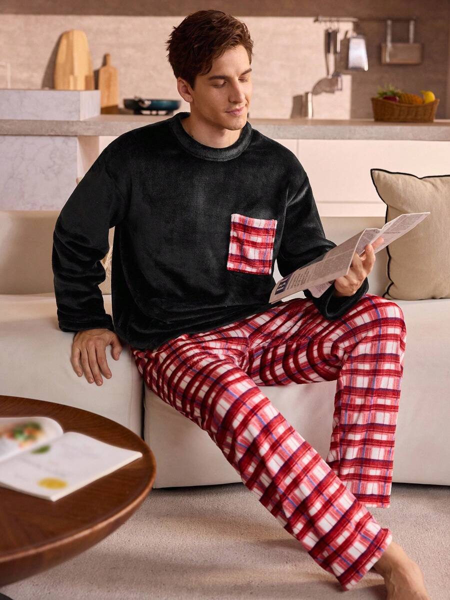 Men's Plaid Pocket Long Sleeve Top & Pants Pajama Set, Fall/Winter Clothes, Christmas, Fluffy, Cozy - Black - View 1