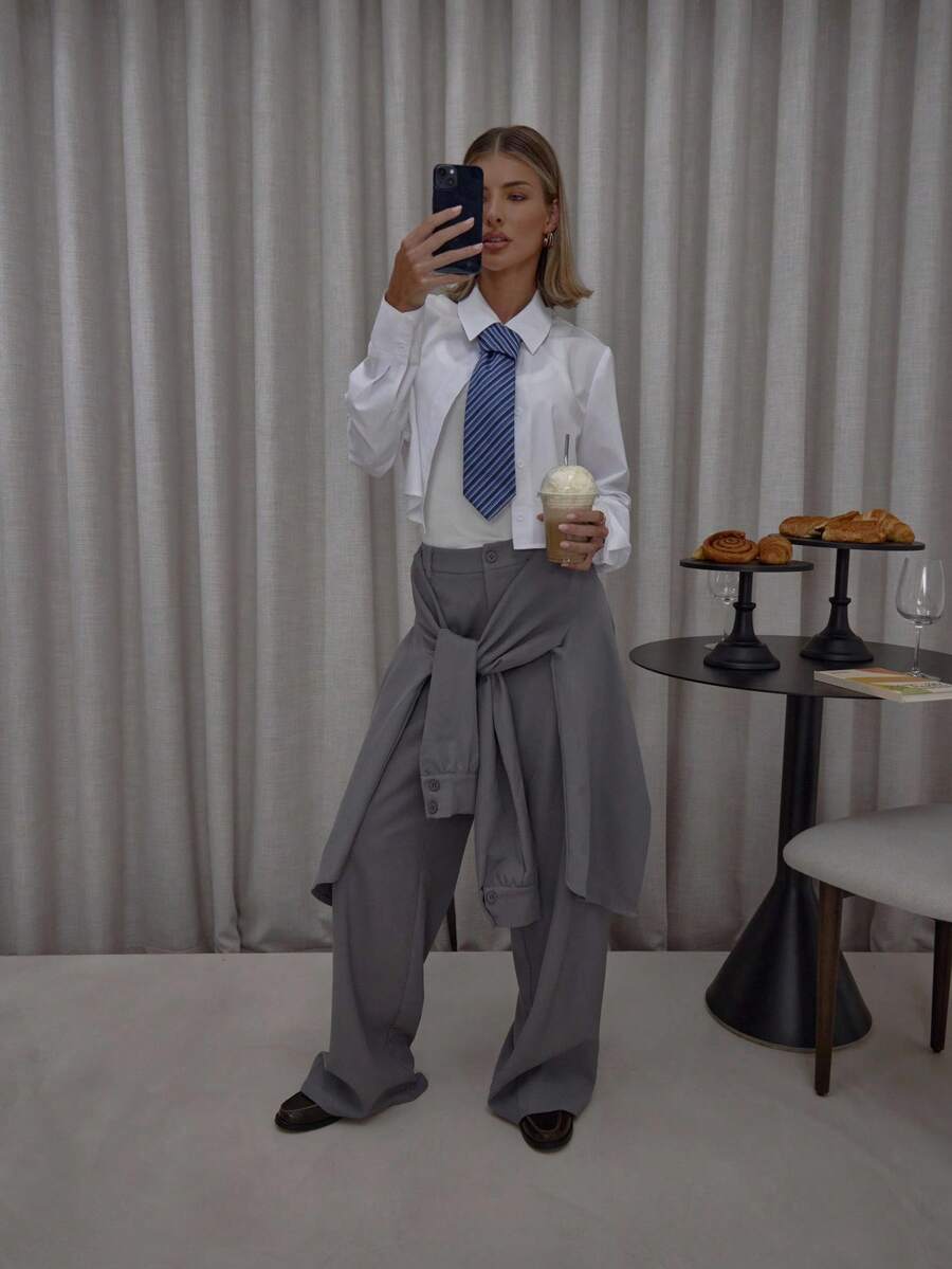 MUSERA قميص ملفوف متداخل مع تفاصيل ربطة عنق، بنطلون بساق واسعة، ملابس الشارع، جميلة، أنيقة، كاجوال، جذابة، للخروج، خريفية، شتوية، لأعياد الميلاد والشكر