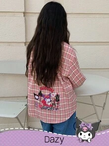 HELLO KITTY AND FRIENDS | SHEIN 秋季少女梭织格子长袖衬衫 - 粉色 - 查看 1