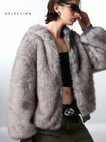 LYSMO SELECTION2025 Autumn And Winter New Women's Fashion Double-Sided Zipper Front Furry Hooded Thick Gray Coat, Winter Wear, Street Wear, Christmas, Halloween, Going Out - Grey - View 3