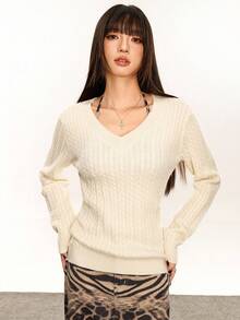 Rina Fox Women's Casual Solid Color Slim Fit V-Neck Sweater