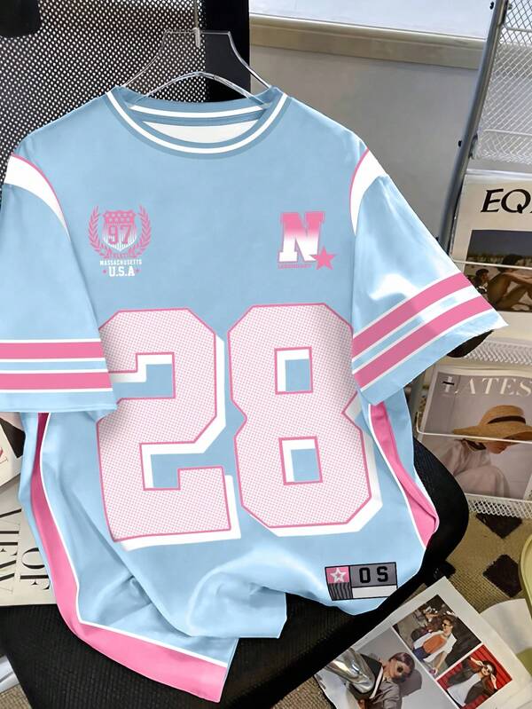 INAWLY Camiseta informal de estilo callejero retro con estampado de puntos, monograma y estilo deportivo universitario para mujeres de talla grande