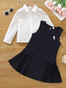 2pcs/Set Girls Casual Printed A-Line Dress With Bow Decor Hem+Long Sleeve Shirt Set,School Style Outfit For Back-To-School,Career Day,Autumn Wear - White - View 4
