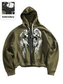 ROMWE MEN Goth Men's Graphic Embroidered Zip Up Hooded Sweatshirt, Street Style American Patch Design, Fall Winter - Green - View 5