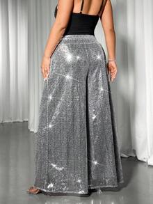 Cravure Plus Size Fashionable Party Sequin Wide Leg Pants - Silver - View 2