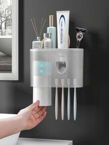 壁挂式牙刷架，带自动牙膏分配器浴室配件套装 - 灰色 - 查看 3