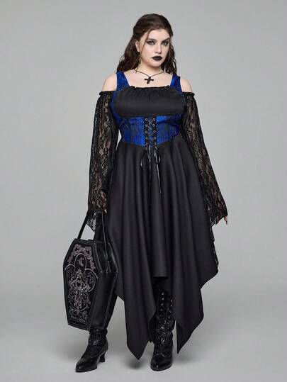 EDITION Plus Size Gothic Jacquard Floral Lace Flare Sleeve Vintage Elegant Dress, Asymmetrical Hem Lace-Up Waist Long Dress For Autumn/Winter, Gothic Retro Formal Party Gown