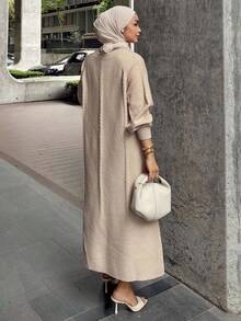 DAZY Đầm dệt kim dáng rộng thoải mái dành cho nữ, cổ tròn, tay dài raglan, phù hợp cho mùa thu/đông, kiểu dáng kín đáo. - Màu be - Xem 3