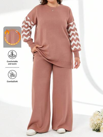 EURMUSE Plus Size Striped Color Block Sweater And Pants Two-Piece Set, For Winter