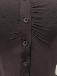 EgrlEra Solid Color Front Button Long Sleeve Casual Sheer Blouse Y2K - Brown - View 5