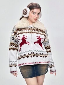 ROMWE Kawaii Cardigan tricotat cu model Argyle de reni și fulgi de zăpadă, mărime plus, pentru femei, toamnă/iarnă, pentru vacanță