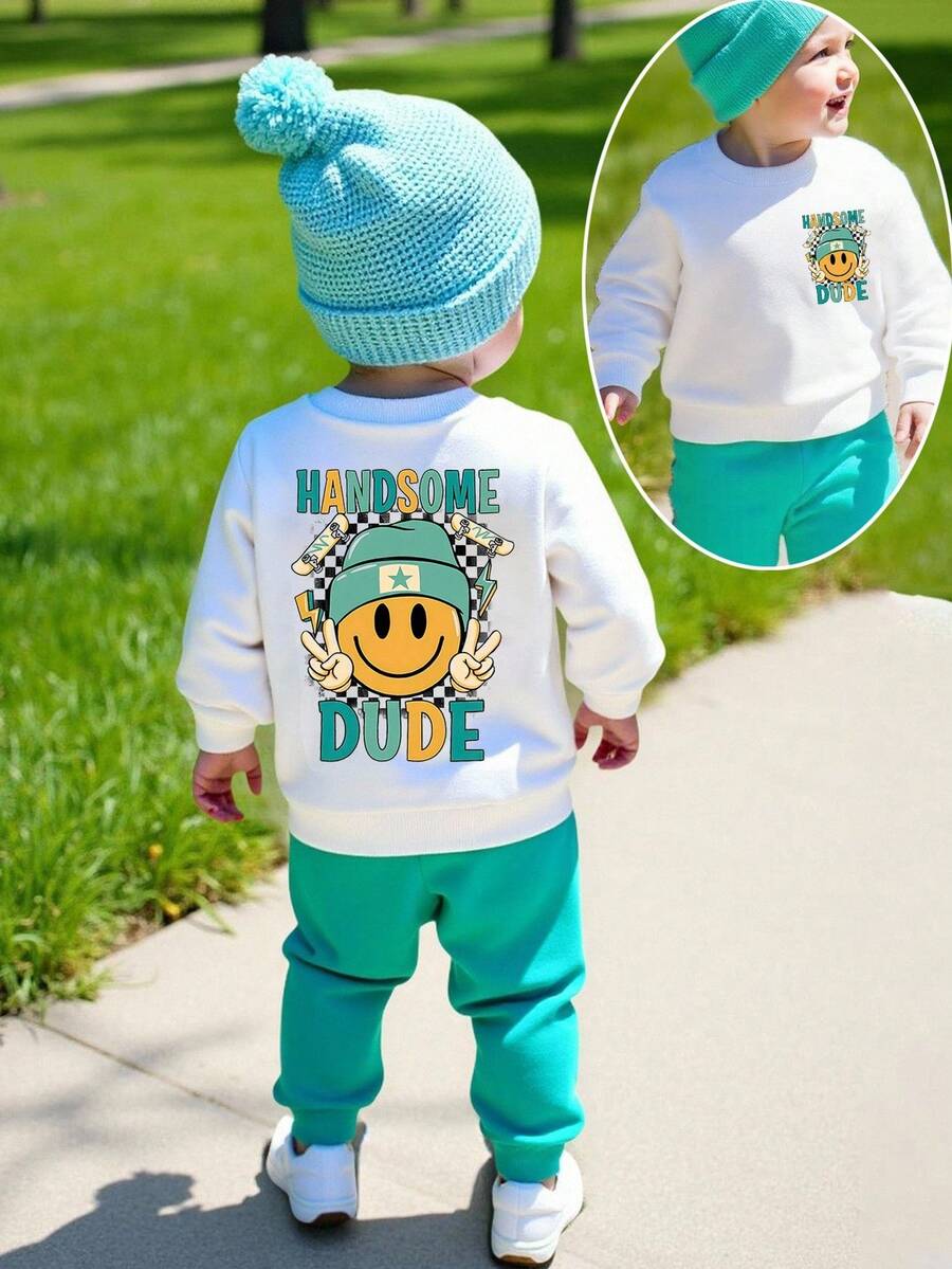 SHEIN Playful Pals 2件組男嬰白色秋季可愛圖案度假返校棋盤格臉孔MAMA'S BOY字母印花圓領運動衫與運動長褲套裝 - 白色 - 查看 1