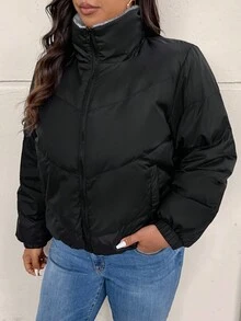 SHEIN Frenchy Plus Size Women Winter Fashion Versatile Fleece Jacket - Black - View 6