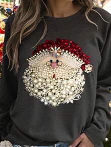 EMERY ROSE Kaos Wanita Ukuran Besar Motif Santa Claus Leher Bulat Lengan Panjang Kasual Longgar, Natal - Dark Grey - View 4