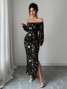 Rafferiza Women's Elegant Off Shoulder Floral Branch Print Mesh Elastic Waist Ruched Bodycon High Slit Lantern Sleeve Dress - Black - View 6