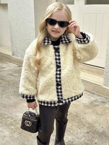 Young Girl Patchwork Houndstooth Long Sleeve Fleece Beige Jacket, Autumn/Winter - Beige - View 5