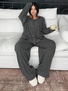 Dazy Plus 2 件大码女式加厚羊毛 V 领宽松上衣和裤子睡衣套装，秋冬时尚家居服，舒适装，秋季服装 - 深灰色 - 查看 4