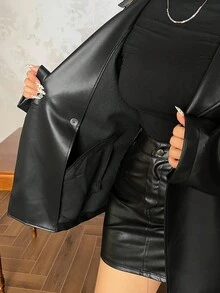 Dazy Plus 大码女士优雅PU皮夹克，翻领系腰设计，秋冬女式外套 - 黑色 - 查看 8