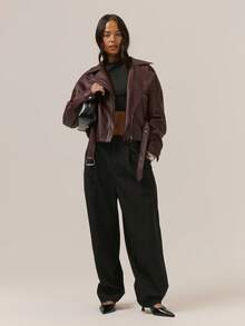 MUSERA Áo khoác bất đối xứng cổ bẻ khóa kéo, chi tiết thắt lưng giả da, thích hợp cho buổi tối, mùa đông hoặc mùa xuân. - Màu Đỏ Sâu - Xem 4