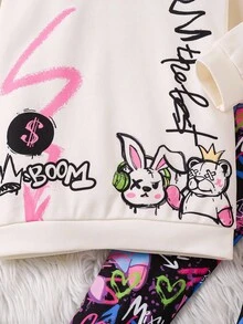 SHEIN 年轻女孩 2 件套：有趣的图案印花连帽运动衫和紧身裤，适合秋冬季、日常、休闲、运动、街头服饰