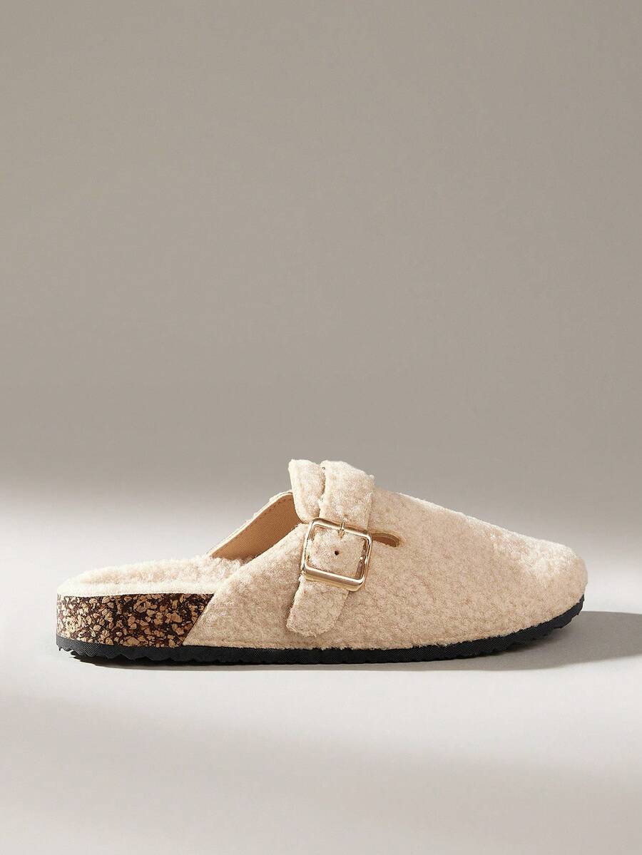 Solecia CUCCOO 女士休闲百搭毛绒圆头平底拖鞋 - 米色 - 查看 1