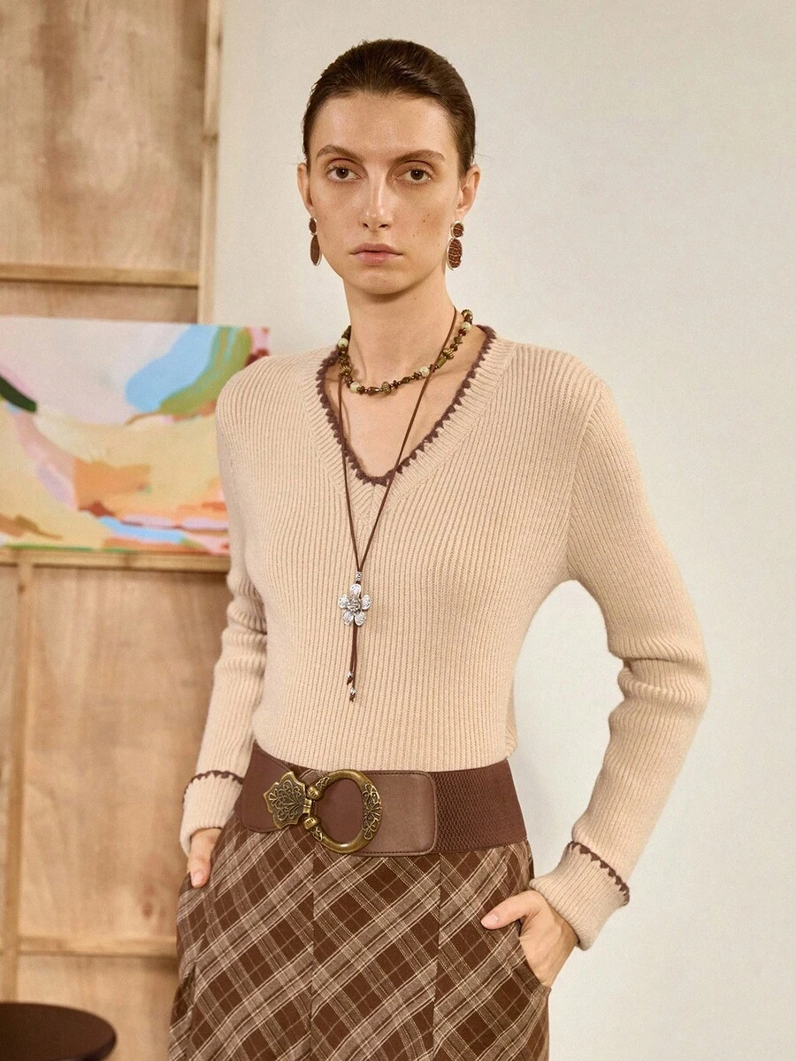 Chiquease Maglione aderente a maniche lunghe con scollo a V stile bohémien, autunno/inverno - Cachi - Visualizzare 1
