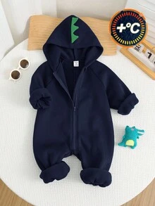 SHEIN 新生男婴可爱拼色针织恐龙连帽加厚连体衣，秋冬 - 藏蓝色 - 查看 8