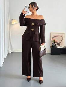 Firerie Conjunto de 2 peças, Top Casual Ombro à Mostra de Manga Longa e Calça, Plus Size - Café - Visão 6