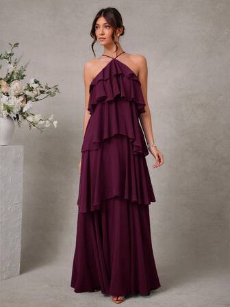 L'Amorae Elegant Romantic Wedding Guest Solid Halter Tiered Chiffon Maxi Dress