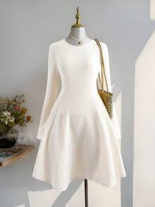 Rusticease 女士纯色圆领休闲百搭长袖短款连衣裙 - 彩色 - 查看 3