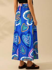 CAJUNI Váy dài họa tiết trái tim nhiều màu sắc cho nữ, váy dài họa tiết Boho, váy đen đi biển mùa hè giản dị ngày lễ - Màu xanh lam - Xem 2