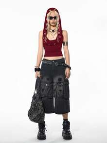 StreetHx 街头服饰女式夏季孔眼装饰无袖连帽背心 - 酒紅色 - 查看 4