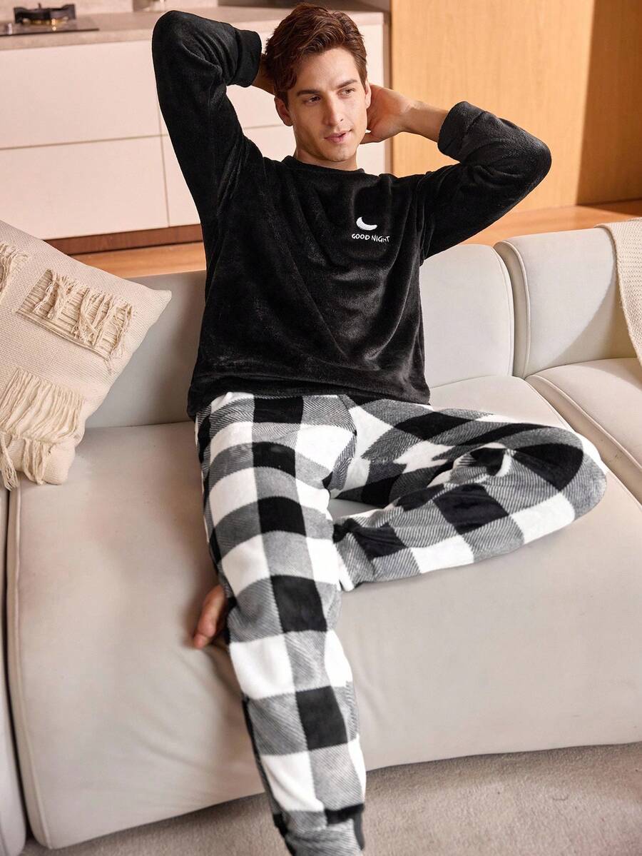 Manfinity Underwear&Sleepwear Basics 2pcs Plaid Crew Neck Long Sleeve Top & Pants Flannel Men's Fluffy Pajama Set (Soft & Comfortable Men's Sleepwear Set), Fall Winter Clothes, Cozy