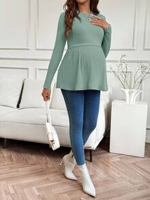 SHEIN Áo thun trơn cổ tròn tay dài dáng rộng cho bà bầu - màu xanh lá - Xem 4