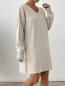 EURMUSE V Neck Long Sleeve Mini Sweater Dress - Apricot - View 6