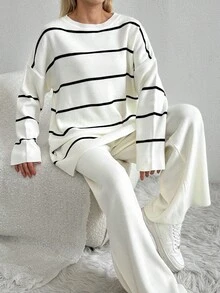 EURMUSE Women's Two Piece Set Striped White Sweater - Apricot - View 5