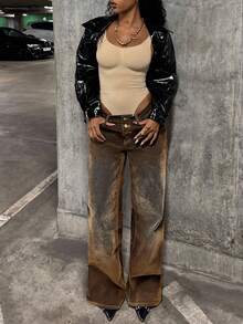 StreetHx 时尚复古水洗做旧阔腿牛仔裤 - 棕色 - 查看 3