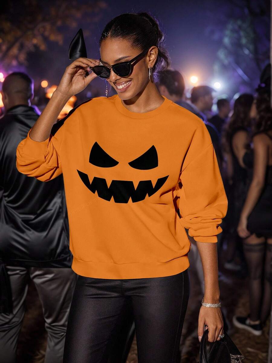 Shutterstock Glamance Women's Halloween Sweatshirt, Pullover Top For Halloween Party, Autumn Women Sweatshirts Orange Sweatshirt Orange Outfit Women Baddie Clothes