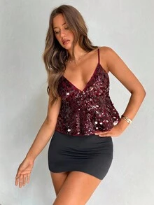 Aloruh 女士优雅派对上衣 时尚性感酒红色亮片吊带背心，适合秋季、万圣节、安卡拉红上衣、酒红色上衣、新年女装、圣诞节女装、派对上衣、婚礼派对上衣、优雅女士上衣、休闲女装、Y2K风格、夜店上衣、亮片上衣、闪亮上衣 - 酒紅色 - 查看 6